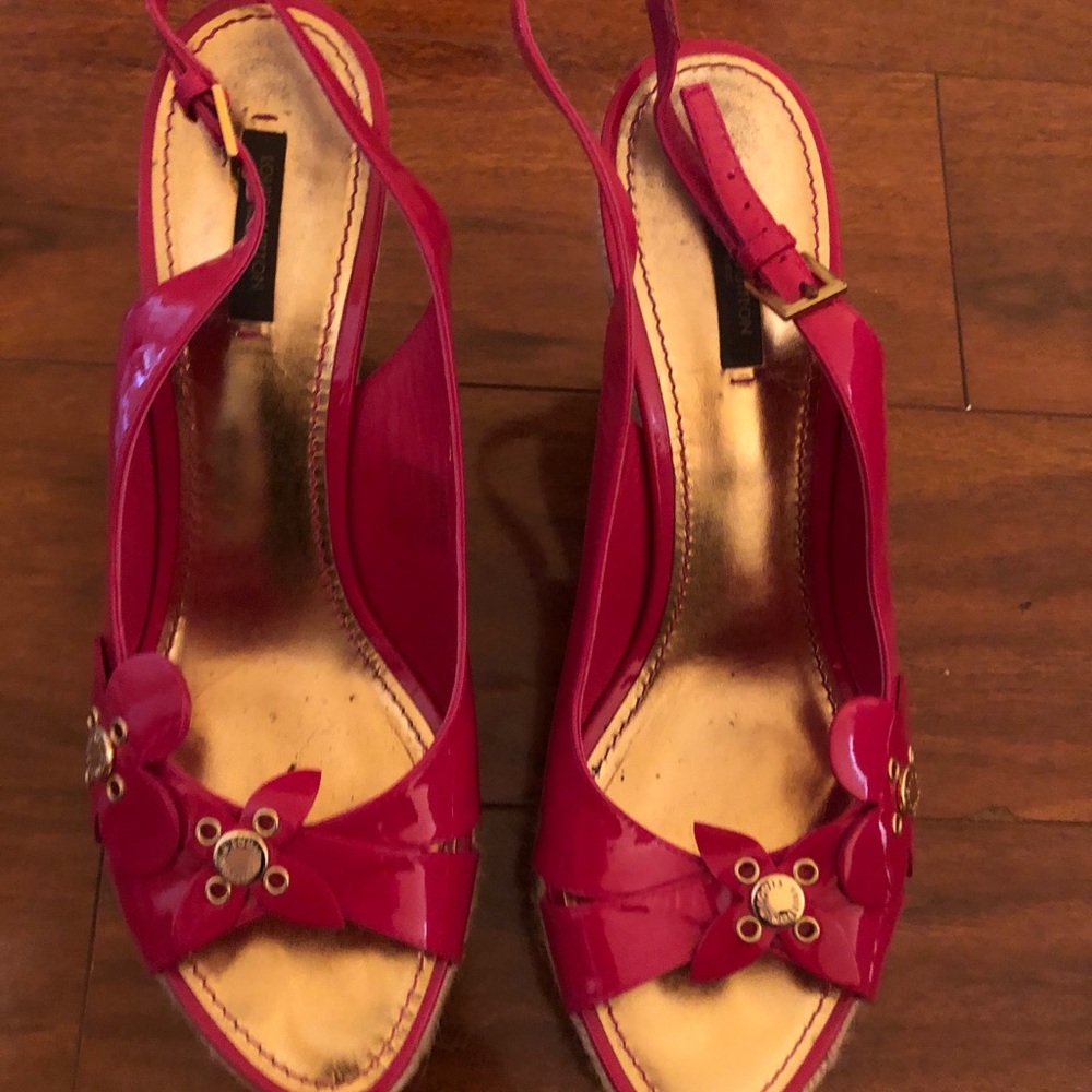Louis Vuitton Leather Patent Floral Wedges
